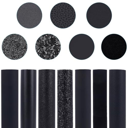 7 Pack 12.99 x 7.87 Inch Glitter Mixed Chunky PU Leather Sheets for Bow Earring 7 Styles Metallic Solid Shiny Vinyl Fabric Roll Black Series Faux Leather Leatherette for DIY Crafts Making - color: Black