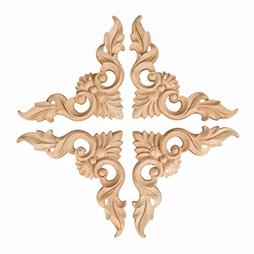 4Pcs Wood Carved Appliques Onlays Unpainted Little Wooden Corners Decals - size: 15 x 15 cm