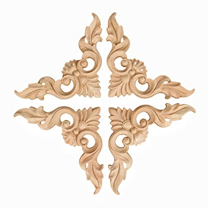 4Pcs Wood Carved Appliques Onlays Unpainted Little Wooden Corners Decals - size: 12 x 12 cm