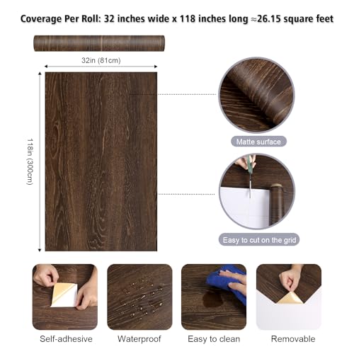 Extra Wide Wood Contact Paper Rustic Brown Wood Grain Wallpaper - size: 32" x 118"