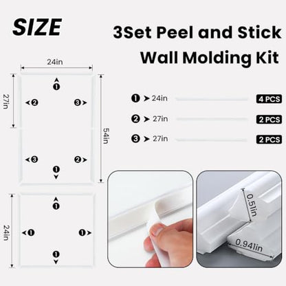 3 Sets Framed Premade Peel and Stick Wall Molding Kit – Pre-Cut Wainscoting Panels Set, Self-Adhesive Installation for Living Room, Bedroom Accent Wall Decor（54 * 24IN-24 * 24IN） - size: 54 * 24IN-24 * 24IN