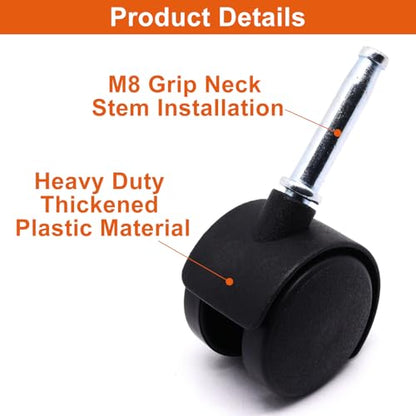Plastic Casters Set of 4, M8 Grip Neck Stem Caster Wheels 1.5 inch, Black Nylon Swivel Caster Wheels Replacement for Furniture, Office Chair, Table, Cabinet, Shelf - style: 1.5 Inch-M8 Grip Neck Stem