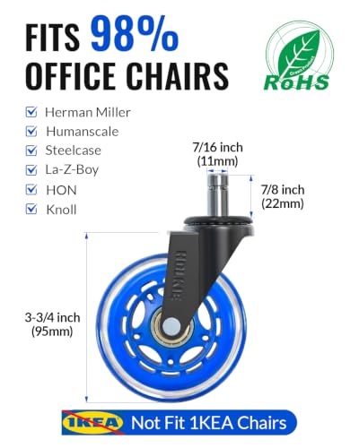 HOLKIE Gaming Chair Wheels Blue Roller Blade Rubber Caster 3 Inch Set of 5 for Carpet Hardwood Floors - color: Blue