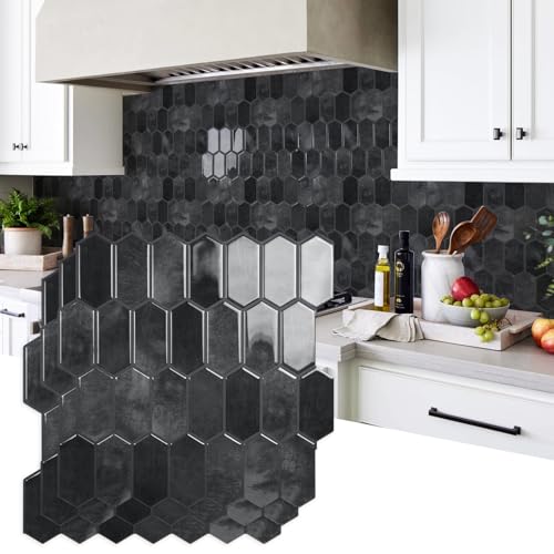 Vamos Tile Thicker Design Long Hexagon Peel and Stick Backsplash Tile - color: Shiny Black with Dark Grey