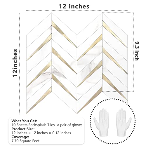 STICKGOO Herringbone Tile Peel and Stick Backsplash for Kitchen&Bathroom - color: White Marble Mixed Gold