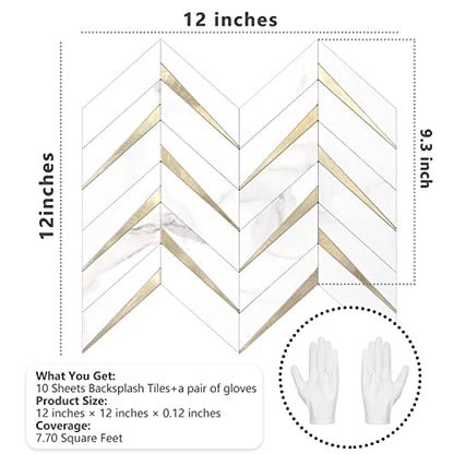 STICKGOO Herringbone Tile Peel and Stick Backsplash for Kitchen&Bathroom - color: White Marble Mixed Gold