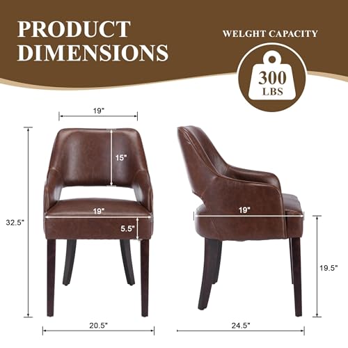 chairus Farmhouse Dining Chairs with Arms Set of 4, Brown PU Leather Upholstered Kitchen & Dining Room Chairs, Curved Open Back Chairs with Walnut Solid Wood Legs & Thick Cushion, Brown - color: Brown