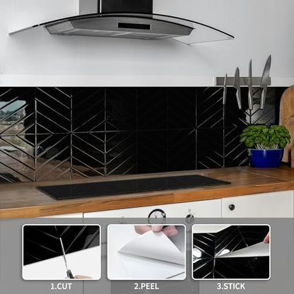 10-Sheet Herringbone Peel and Stick Backsplash Tiles for Kitchen, 3D Marble Look Self Adhesive Stick on Back Splashes Wall Tiles for Bathroom 11.5"x9" Black - color: Black