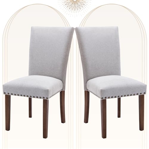 COLAMY Upholstered Parsons Dining Chairs Set of 2, Fabric Dining Room Kitchen Side Chair with Nailhead Trim and Wood Legs - Light Grey - color: F-lightgrey, size: Set of 2