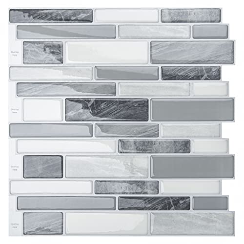 LONGKING Self-Adhesive Kitchen Backsplash, Marble Look Decorative Tiles (10 Tiles) - color: Gray