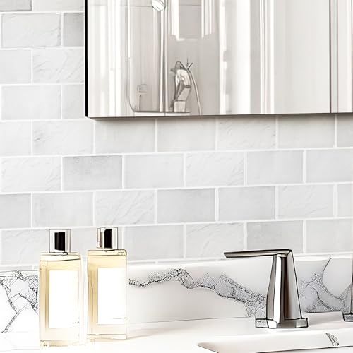 Art3d 10-Pack Subway Peel and Stick Backsplash, White Marble, 12 x 12 Inch - color: White Stone Marble