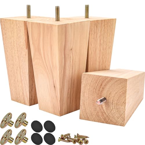 4 inch Solid Wood Pyramid Furniture Legs 4PCS Mid-Century Modern High-density Wood, 2.8” Top/2" Bottom Wide Base, Pre-installed 5/16" bolts + Plates for Sofa Bed Couch, DIY Paint-Ready - color: Unfinished, size: 4" (10cm)