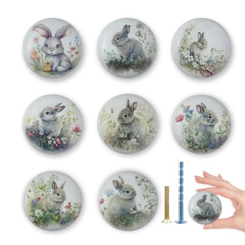 8Pack1.5 Rabbit with Flowers Ceramics Handle Knob Cute Safari Animal Decor Cabinet Dresser Drawer Knobs and Pulls