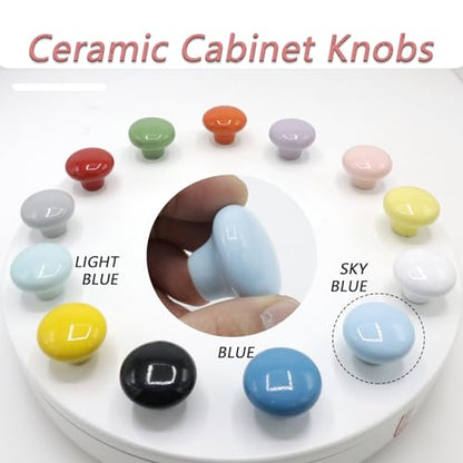 10-Pack Ceramic Cabinet Knobs Sky Blue 32mm Round Drawer Pull - color: Sky Blue