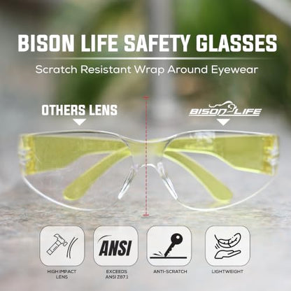BISON LIFE Clear/Yellow Safety Glasses for Men & Women, ANSI Z87.1, 6 Pack - color: Clear/Yellow