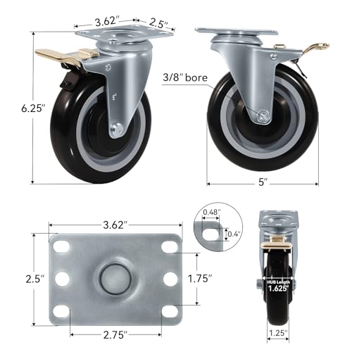 5" Caster Set of 4, Heavy Duty Industrial Caster Wheels, Polyurethane Shopping Cart Wheels Replacement for Furniture Equipment (4 Total Lock Brake) - style: 4 Total Lock Brake