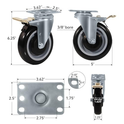 5" Caster Set of 4, Heavy Duty Industrial Caster Wheels, Polyurethane Shopping Cart Wheels Replacement for Furniture Equipment (4 Total Lock Brake) - style: 4 Total Lock Brake