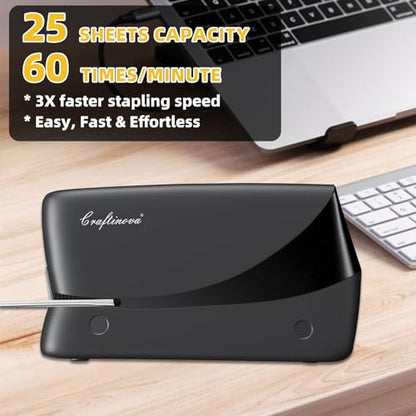 Electric Stapler, 25 Sheet Automatic Stapler, Include 2000 Staples and 1 Staple Remover, Jam Free, Professional and Home Office，Battery not Included，AC or Battery Powered - color: Black Electric Stapler