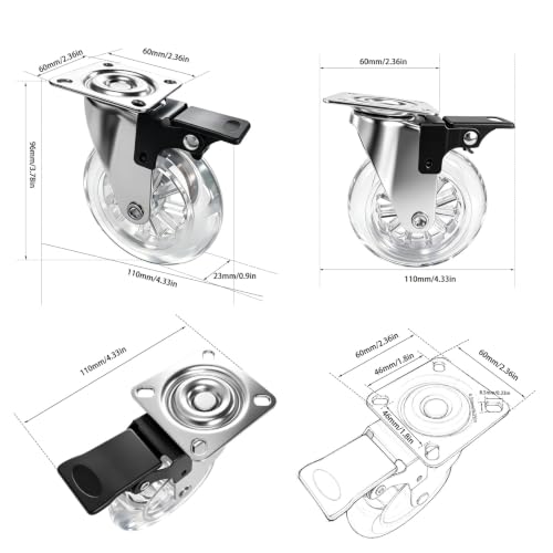 3 Inch Polyurethane Transparent Swivel Casters with Lock Brake, Set of 4, Heavy-Duty 700 Lbs Load Capacity, 360° Quiet Rotation, Suitable for Furniture, Workbenches & DIY Projects - size: 3 inches