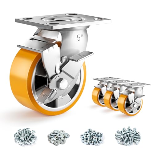 5 Inch Heavy Duty Casters Set of 4, Industrial Locking Casters 5000lbs Load Capacity, Plate Swivel Castor Wheels for Heavy Duty Carts, Workbench, Equipment, Platform Truck (Orange) - style: 5″ With brake