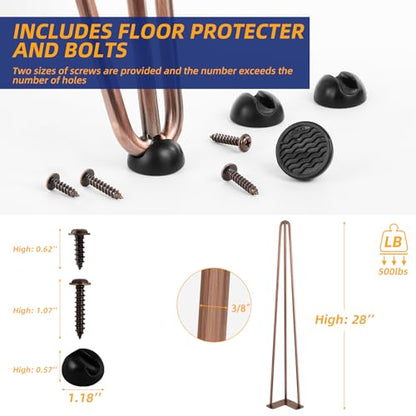 ROTHLEY Table legs 28 Inch Hairpin Legs 3 Solid Rods Metal Table Legs for Furniture Set of 4 Desk Legs with Floor Protectors Heavy Duty Metal Legs for Table DIY Projects Furniture Feet(Antique Copper) - size: 28 inch