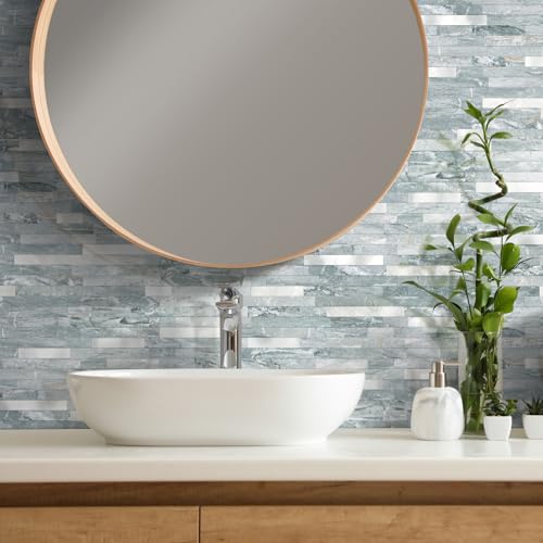 Yipscazo 5 Sheets Peel and Stick Stone Metal Tile Backsplash, Stick on Tiles for Backsplash Kitchen, Bathroom, Laundry Room, Camper, Fireplace (12'' X 12'', Polished Cyan) - color: Polished Cyan