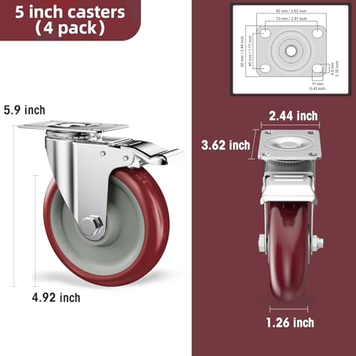 5" Heavy Duty Plate Casters with Brake, Set of 4 - color: Red, size: 5 inch