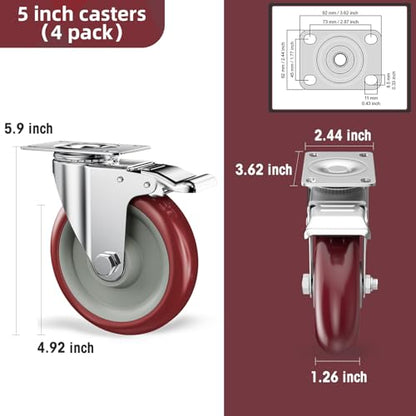 5" Heavy Duty Plate Casters with Brake, Set of 4 - color: Red, size: 5 inch
