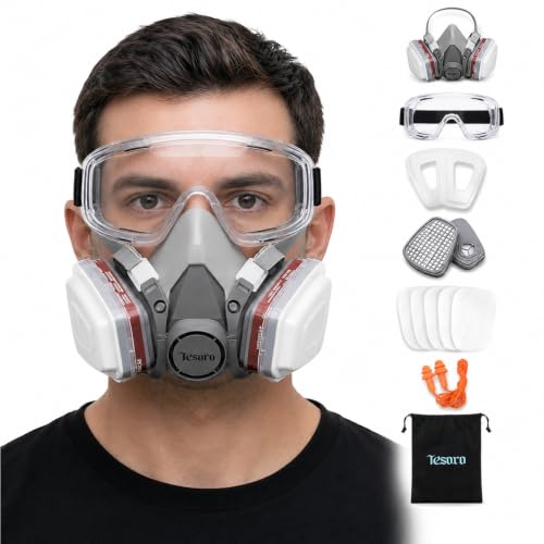 Respirator Mask for Spray Painting, Woodworking, Welding, Dust, and General Safety with Clear Eye Goggles, 10 Replacement Filters, Half Face Cover with Safety Glasses