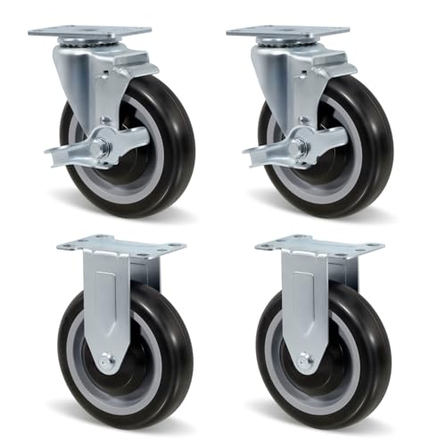 5" Casters, Swivel Industrial Casters Set of 4 Heavy Duty, Polyurethane Shopping Cart Wheels for Furniture Equipment Dollies(2 Brakes & 2 Rigid) - style: 2 Brake & 2 Rigid