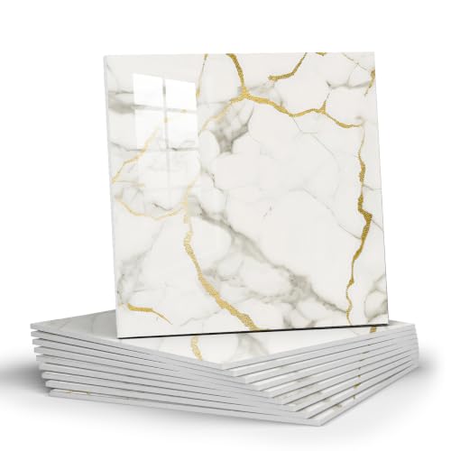 Chejiaye Peel and Stick Backsplash Tiles 10 Pack,White Geometric Self-Adhesive PVC Wall Panels, Waterproof Kitchen Backsplash Stick on Tile for Kitchen,Laundry Room Walls,White Gold(11.8"x11.8") - color: White and Gold, size: 11.8" x 11.8" x 10Pack