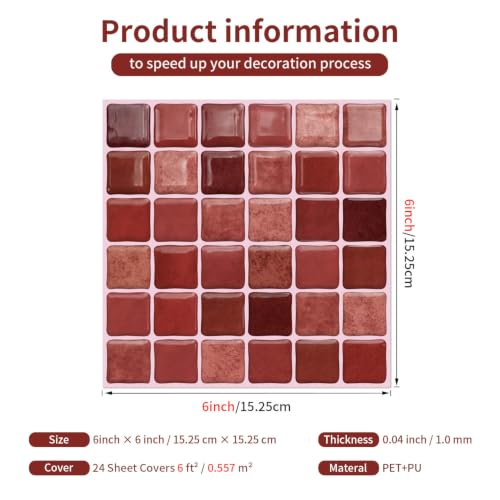 3D Mosaic Peel and Stick DIY Wall Backsplash Tiles (24, Burgundy) - color: Burgundy