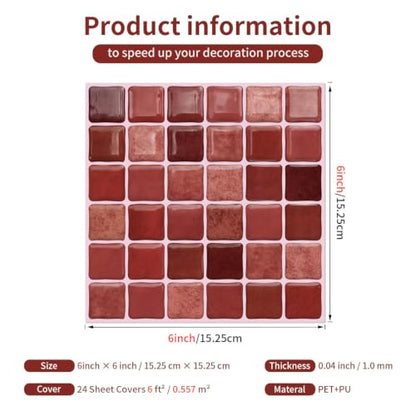3D Mosaic Peel and Stick DIY Wall Backsplash Tiles (24, Burgundy) - color: Burgundy