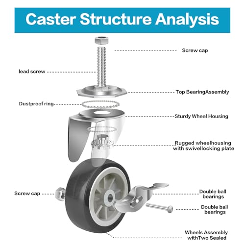 3 Inch Heavy Duty Stem Casters Swivel Wheels with Brake - 3/8" -16 x 1-1/2" (Stem Diameter 3/8", Stem Length 1-1/2"),Set of 4 with Locking Threaded Stem Caster Wheels - Load 600lbs (Grey) - color: Grey