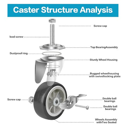3 Inch Heavy Duty Stem Casters Swivel Wheels with Brake - 3/8" -16 x 1-1/2" (Stem Diameter 3/8", Stem Length 1-1/2"),Set of 4 with Locking Threaded Stem Caster Wheels - Load 600lbs (Grey) - color: Grey