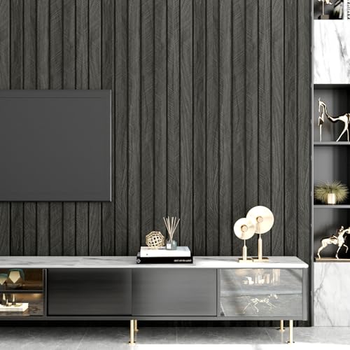 Wallercity Gray/Black 3D Wood Wall Panels Self Adhesive Soundproofing Slat Paneling Flexible Fluted Wooden Veneer Panel Peel and Stick Wood Slat Panels Wallpaper for Bedroom Bathroom Office 23.6"x118" - color: Black1/Gray, size: 23.6'' x 118''