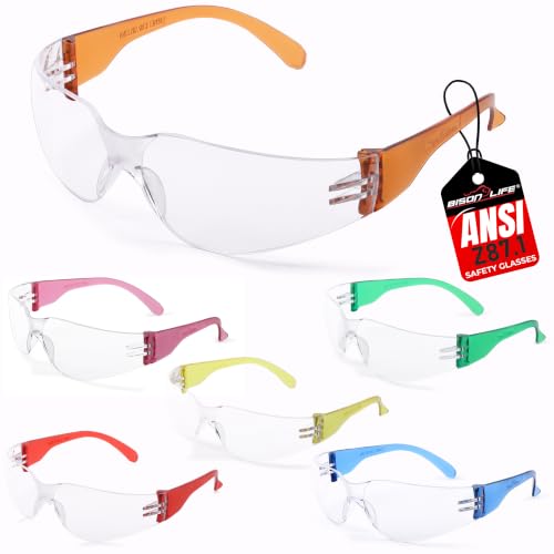 BISON LIFE Clear/Color Safety Glasses for Men & Women ANSI Z87.1, 6 Pack - color: Clear/6 Colors