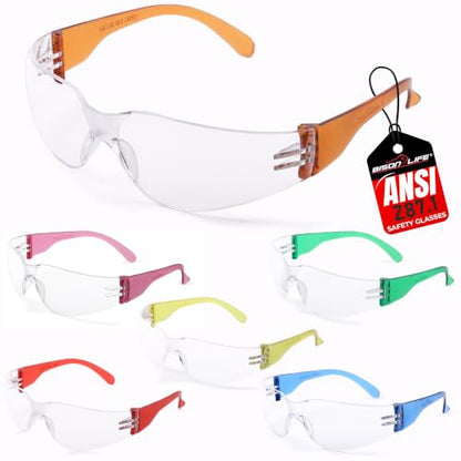 BISON LIFE Clear/Color Safety Glasses for Men & Women ANSI Z87.1, 6 Pack - color: Clear/6 Colors
