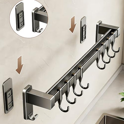 【No-Drill Adhesive for Kitchen】Utensil Rail with 8 Sliding Hooks – 11.8/15.75/19.69 Inch Rustproof Organizer for Pots, Lids & Tools, Scratch-Free Holder for Small Kitchens, Peel Off Without Damage - size: 11.81inch（30cm）
