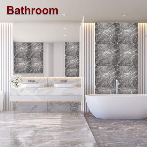 HARFINGTON 15pcs Peel and Stick Marble Tiles, Waterproof Wall Panel Backsplash, 12"x12" PVC Peel and Stick Shower Tiles for Bathroom, Kitchen, Living, Slate Gray Design - style: Slate Gray