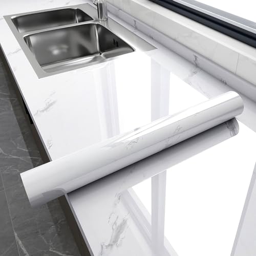 Glossy Marble Contact Paper Peel and Stick Wallpaper 17.7"x394" White - color: White, size: 17.7"W x 394"L