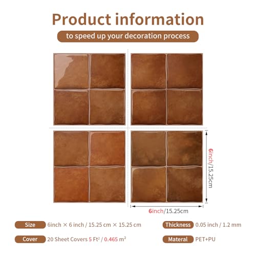 VICCI 3D Self-Adhesive Backsplash Tiles, 20-Sheet 6" x 6" - color: Orange Brown