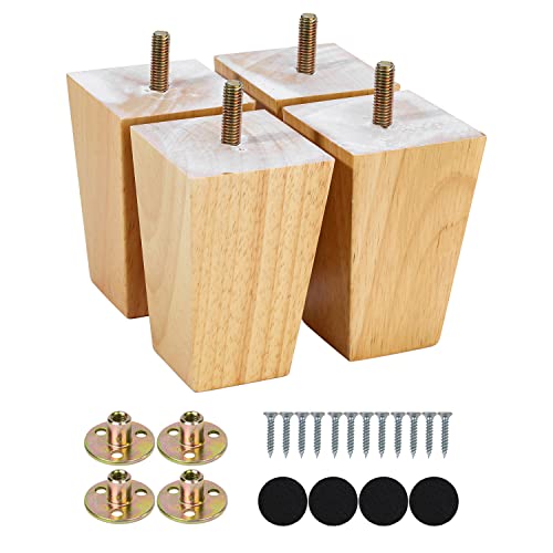 Maricome 4 Inch Sofa Legs Set of 4 Replacement Feet for Couch Wood Furniture Legs Pre-Installed M8 Bolt Screw in Heavy Duty Pyramid Square - size: 4 Inch Natural