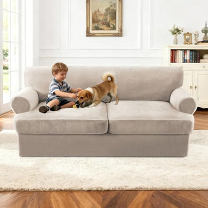 T Cushion Sofa Slipcover 3 Piece Sofa Covers for 2 Large Cushion Couch Thick Velvet Couch Cover Stretch Furniture Covers with 2 Individual T Cushion Covers, Washable (2 Cushion Sofa, French Oak) - color: French Oak, size: Sofa (2 Cushion)