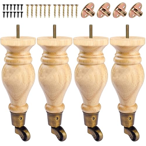 9 inch / 22cm Wooden Furniture Legs with Casters Wheels, Pack of 4 Classic Varnish Solid Wood Round DIY Replacement Bun Feet for DIY Project Sofa Couch Cabinet Ottoman Bed Riser - color: Type D-varnish, size: 9"/22cm