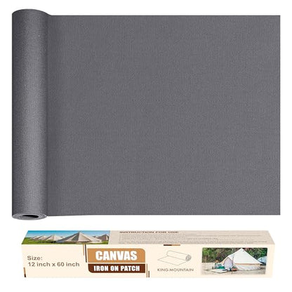 KING MOUNTAIN Canvas Iron on Patch,12"×60",Waterproof 100% Cotton Fabric Repair Patch,Used for Various Sofa,Tent,Clothes,Seats,Suitcases (Gray,Waterproof) - color: Gray, size: Canvas-12x60
