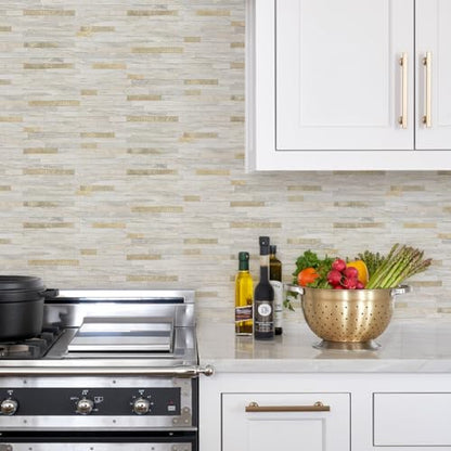 STICKGOO 20 Sheets Peel and Stick Backsplash Tile, Stick on Backsplash for Kitchen and Bathroom, Sunny Beige Look PVC Mixed Metal Gold Self Adhesive Wall Tiles - color: Sunny Beige + Metal Gold