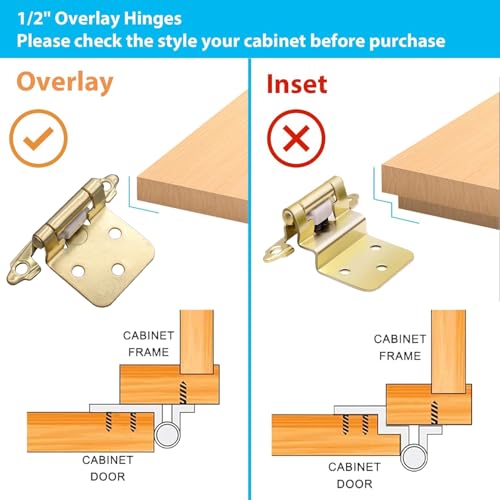 1/2 Inch Overlay Kitchen Cabinet Hinges Gold, 50 Pack(25 Pairs) - color: Gold, size: 50 Pack(25 Pairs)