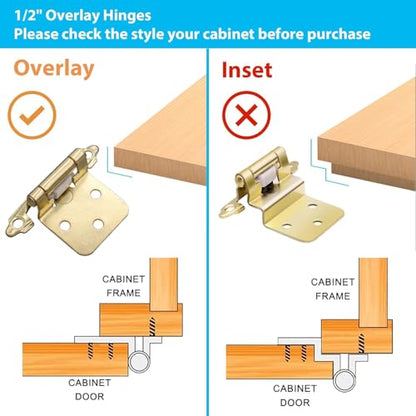 1/2 Inch Overlay Kitchen Cabinet Hinges Gold, 50 Pack(25 Pairs) - color: Gold, size: 50 Pack(25 Pairs)