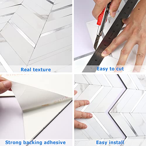STICKGOO Herringbone Tile Peel and Stick Backsplash for Kitchen&Bathroom - color: White Marble Mixed Silver
